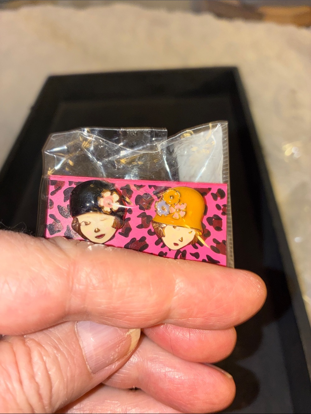 Enamel Girl Face Stud Earrings - Pink, Black & Yellow